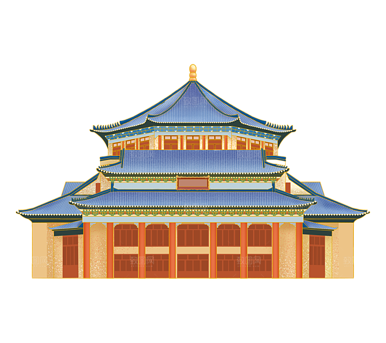 国潮风古建筑古楼古塔鼓楼复古中国风插画