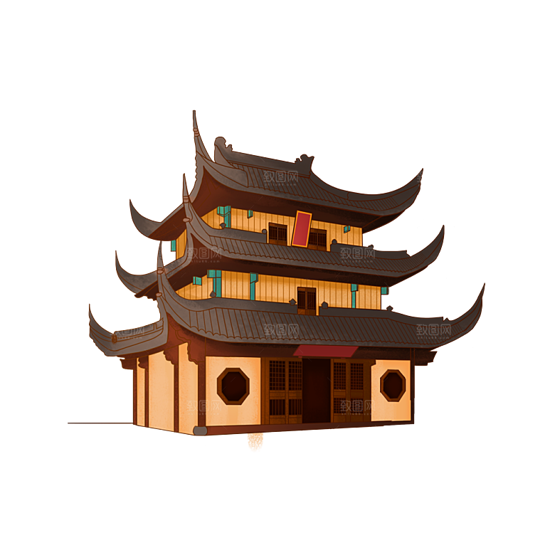 国潮风古建筑古楼古塔鼓楼复古中国风插画