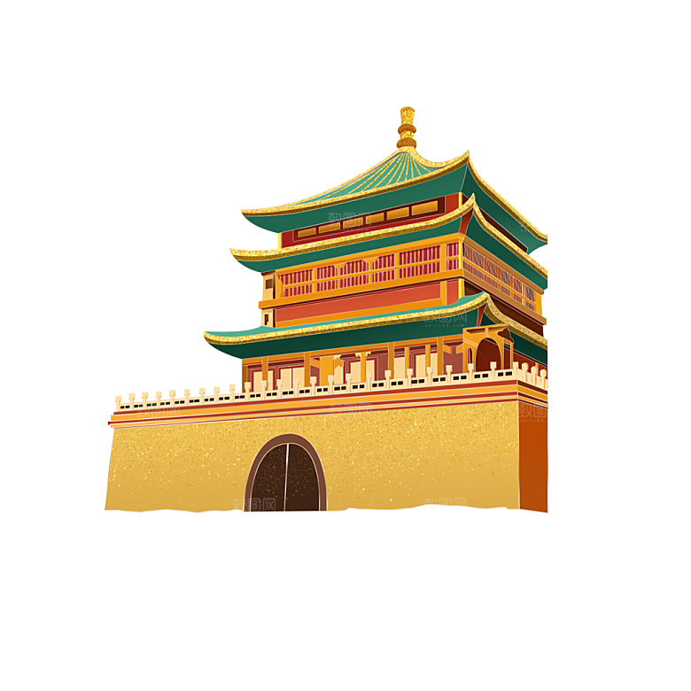 国潮风古建筑古楼古塔鼓楼复古中国风插画
