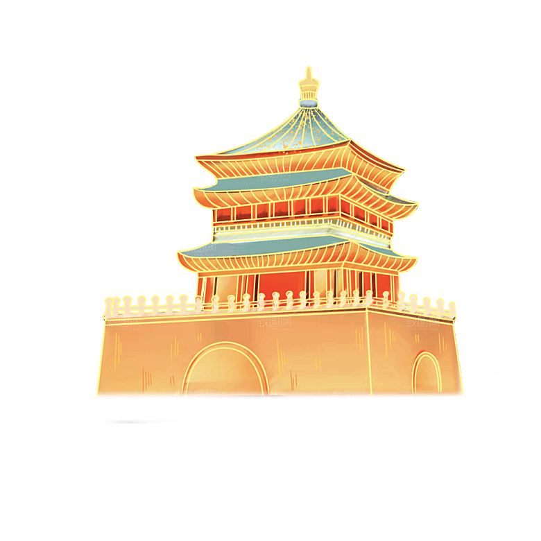 国潮风古建筑古楼古塔鼓楼复古中国风插画