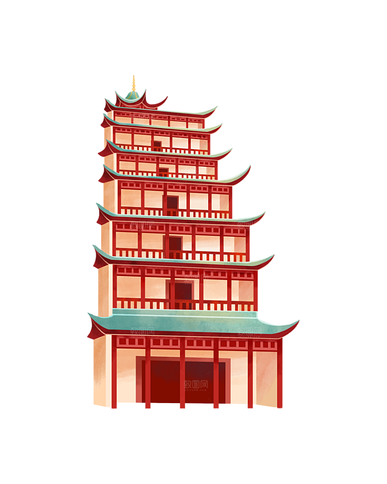 国潮风古建筑古楼古塔鼓楼复古中国风插画