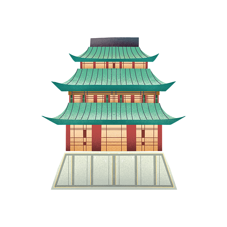 国潮风古建筑古楼古塔鼓楼复古中国风插画