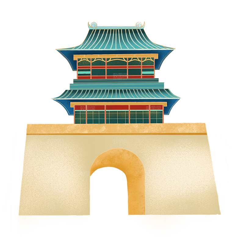 国潮风古建筑古楼古塔鼓楼复古中国风插画