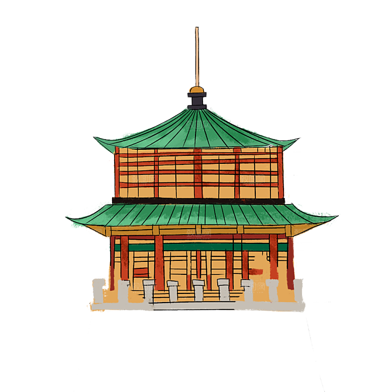 国潮风古建筑古楼古塔鼓楼复古中国风插画