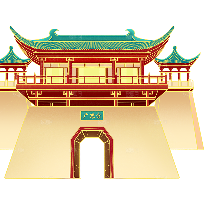 国潮风古建筑古楼古塔鼓楼复古中国风插画