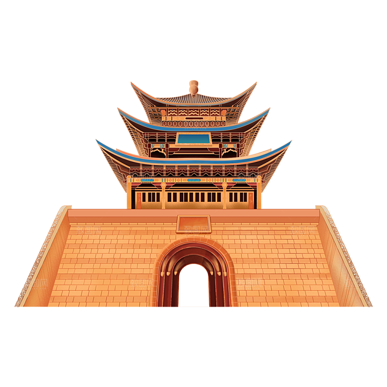 国潮风古建筑古楼古塔鼓楼复古中国风插画
