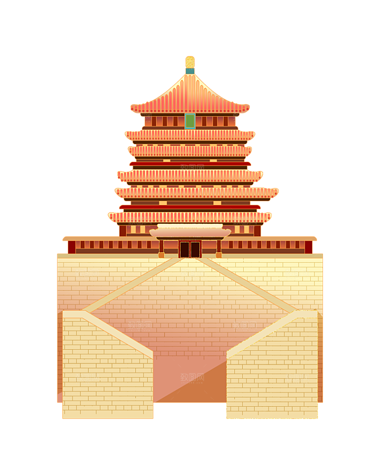 国潮风古建筑古楼古塔鼓楼复古中国风插画