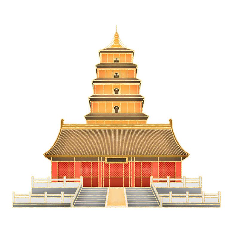 国潮风古建筑古楼古塔鼓楼复古中国风插画