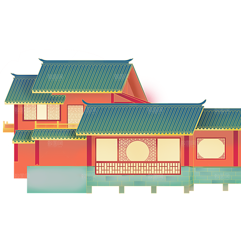 国潮风古建筑古楼古塔鼓楼复古中国风插画