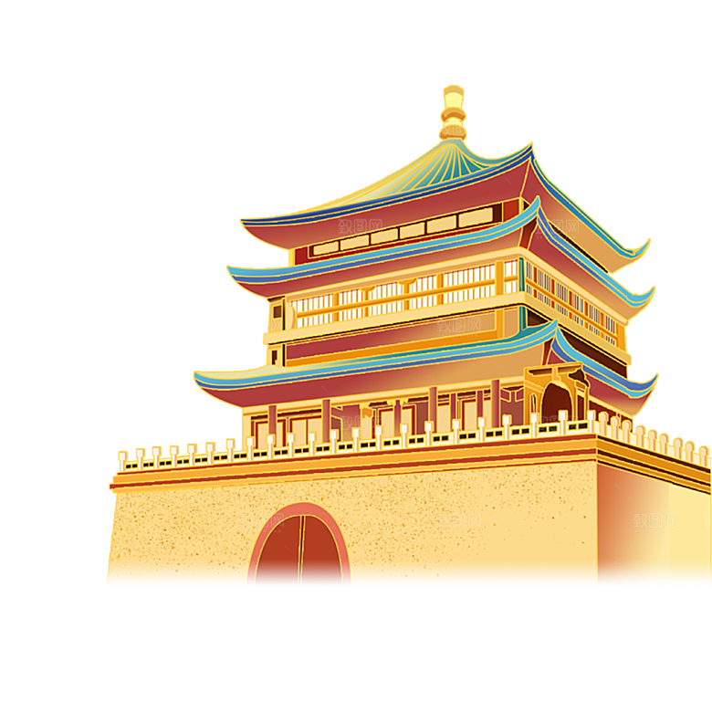 国潮风古建筑古楼古塔鼓楼复古中国风插画