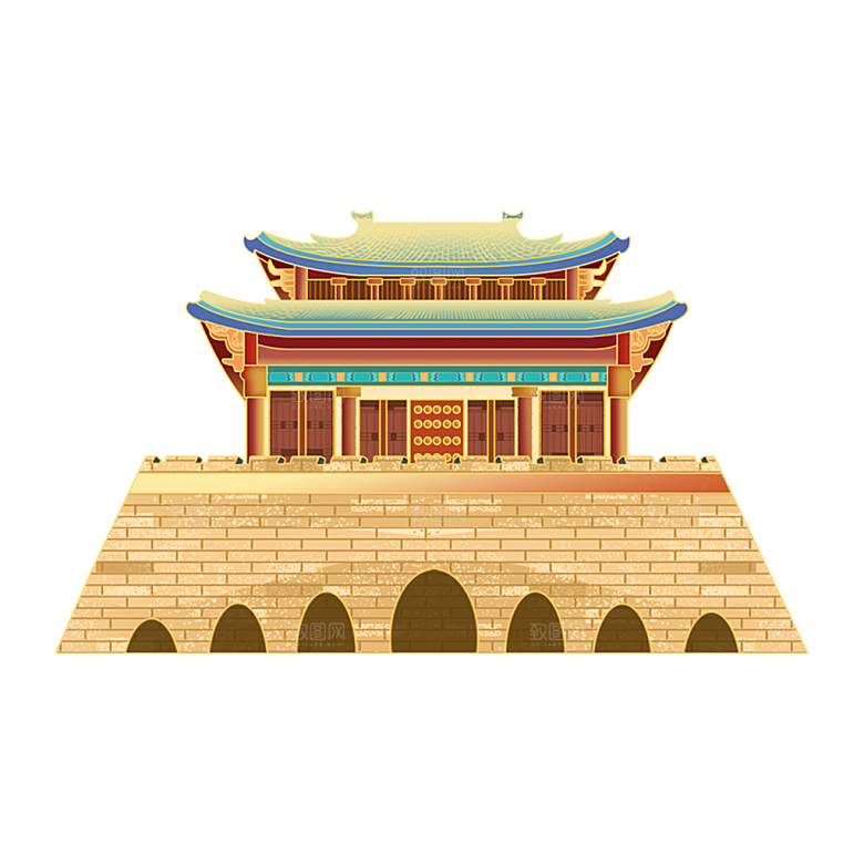 国潮风古建筑古楼古塔鼓楼复古中国风插画
