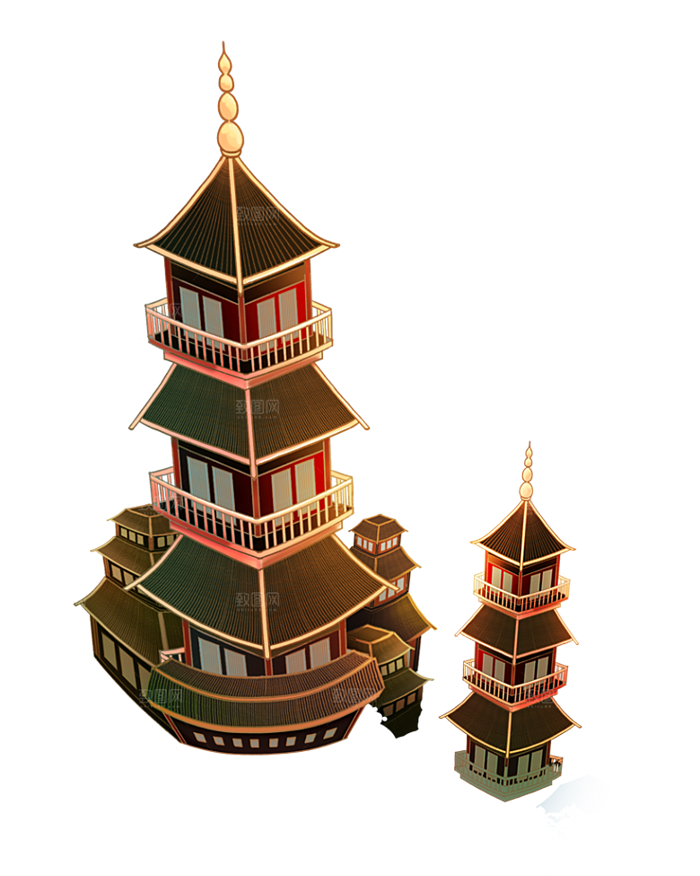 国潮风古建筑古楼古塔鼓楼复古中国风插画