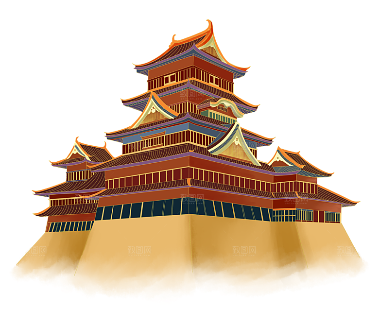 国潮风古建筑古楼古塔鼓楼复古中国风插画