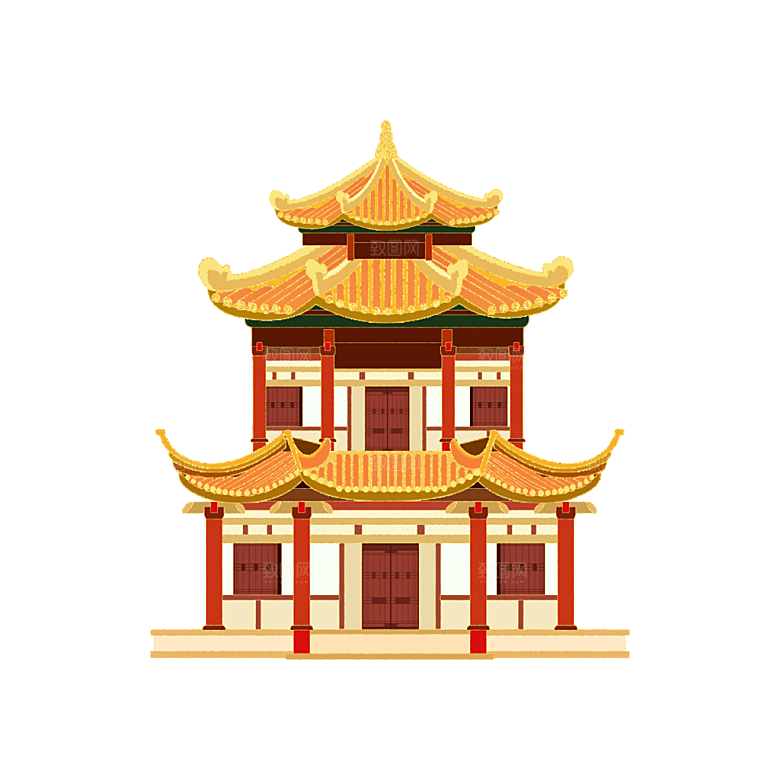 国潮风古建筑古楼古塔鼓楼复古中国风插画