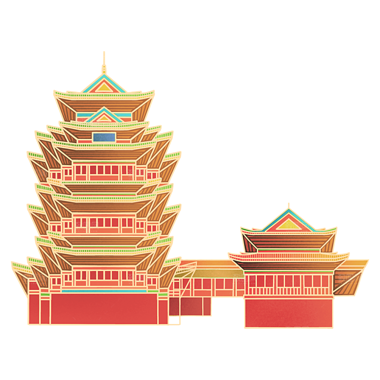 国潮风古建筑古楼古塔鼓楼复古中国风插画