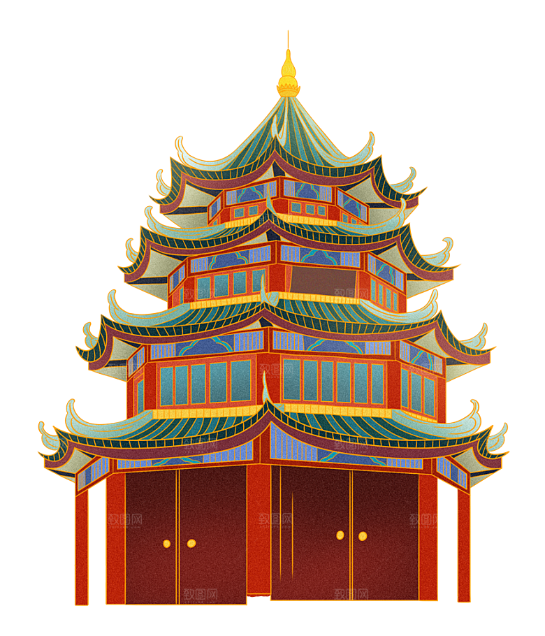 国潮风古建筑古楼古塔鼓楼复古中国风插画