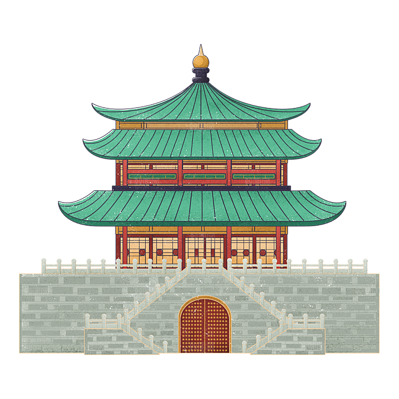 国潮风古建筑古楼古塔鼓楼复古中国风插画