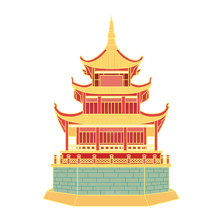 国潮风古建筑古楼古塔鼓楼复古中国风插画