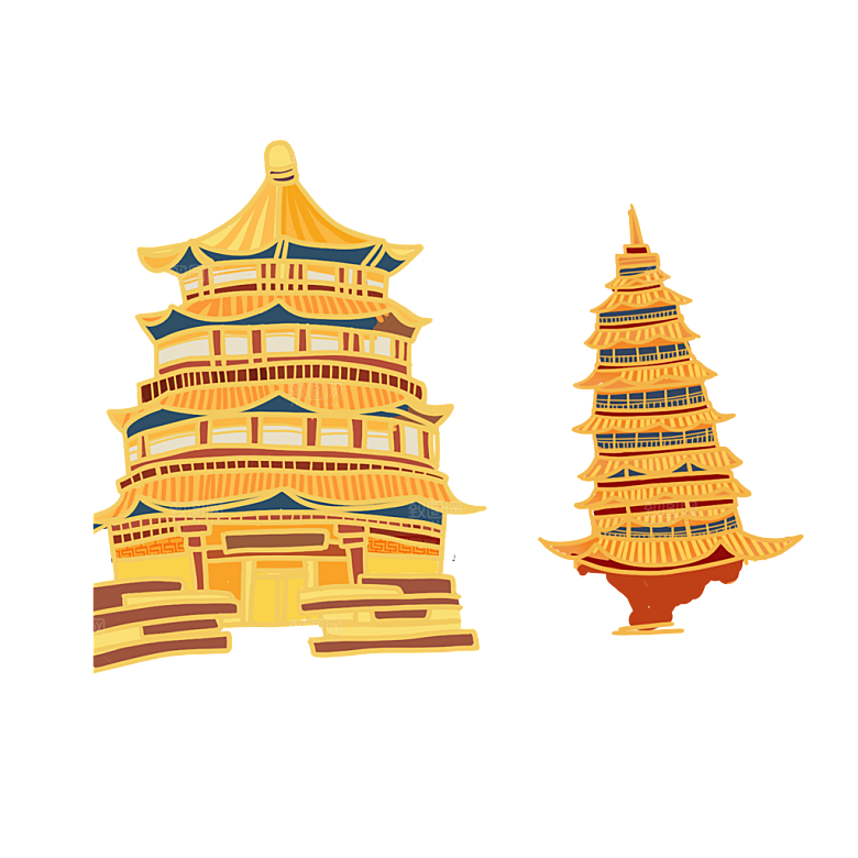 国潮风古建筑古楼古塔鼓楼复古中国风插画