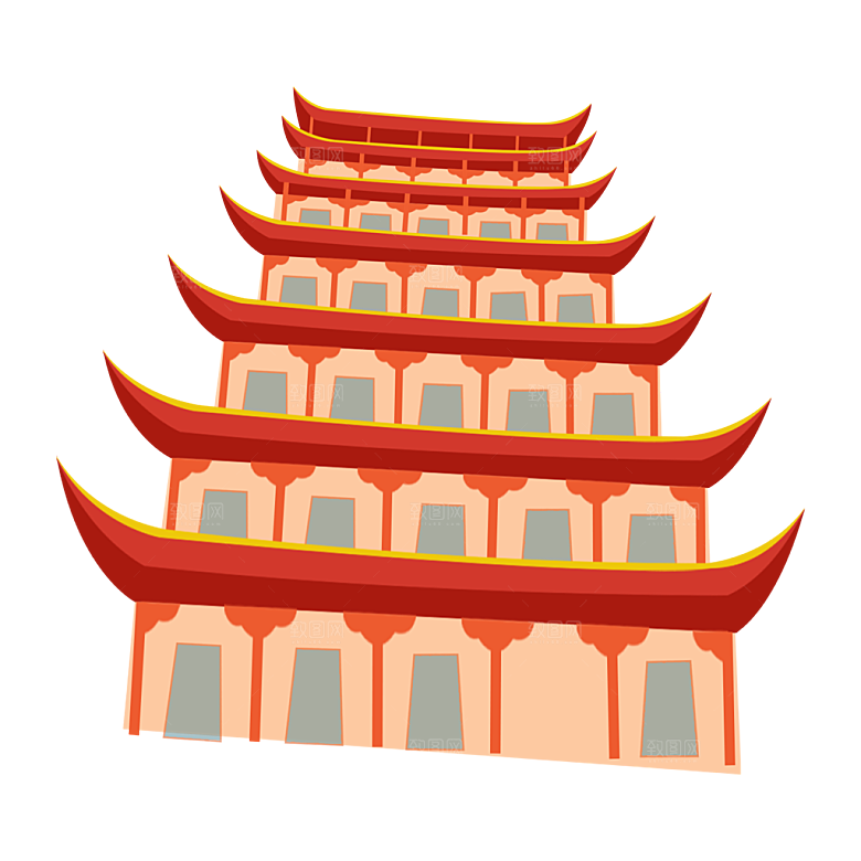国潮风古建筑古楼古塔鼓楼复古中国风插画