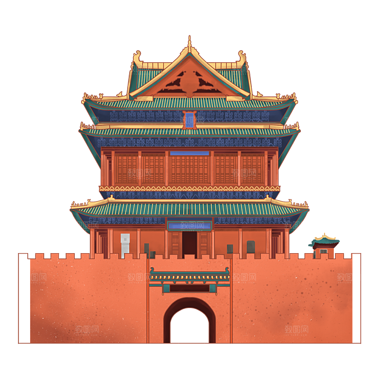 国潮风古建筑古楼古塔鼓楼复古中国风插画