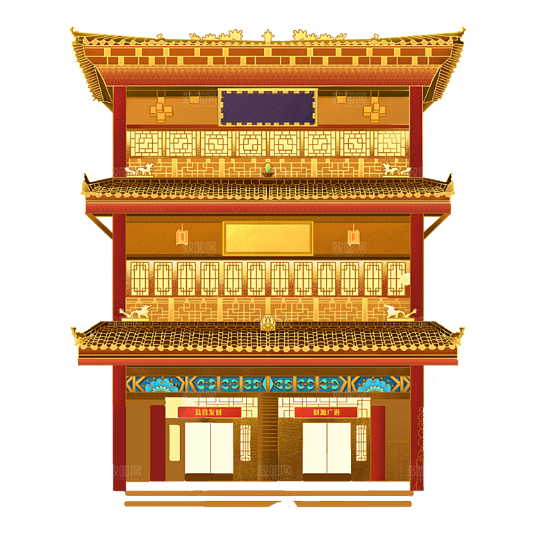 国潮风古建筑古楼古塔鼓楼复古中国风插画