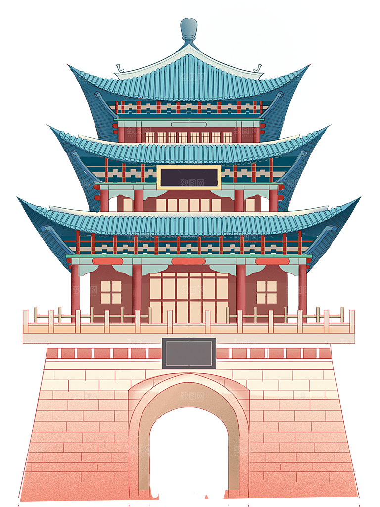 国潮风古建筑古楼古塔鼓楼复古中国风插画