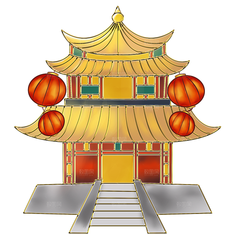 国潮风古建筑古楼古塔鼓楼复古中国风插画