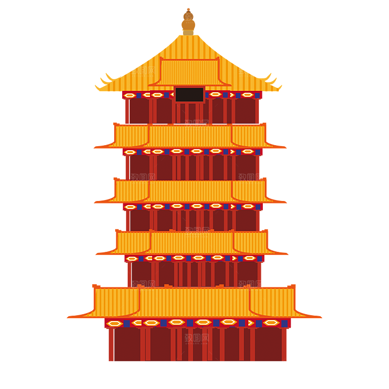国潮风古建筑古楼古塔鼓楼复古中国风插画