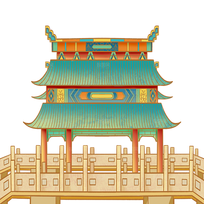 国潮风古建筑古楼古塔鼓楼复古中国风插画