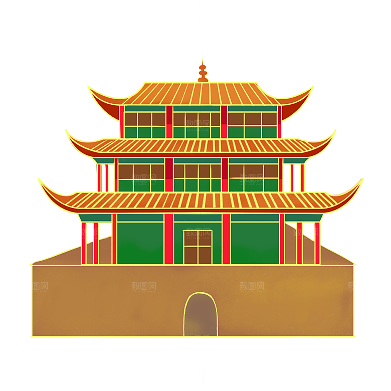 国潮风古建筑古楼古塔鼓楼复古中国风插画