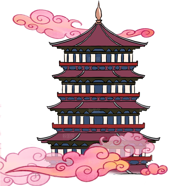 国潮风古建筑古楼古塔鼓楼复古中国风插画