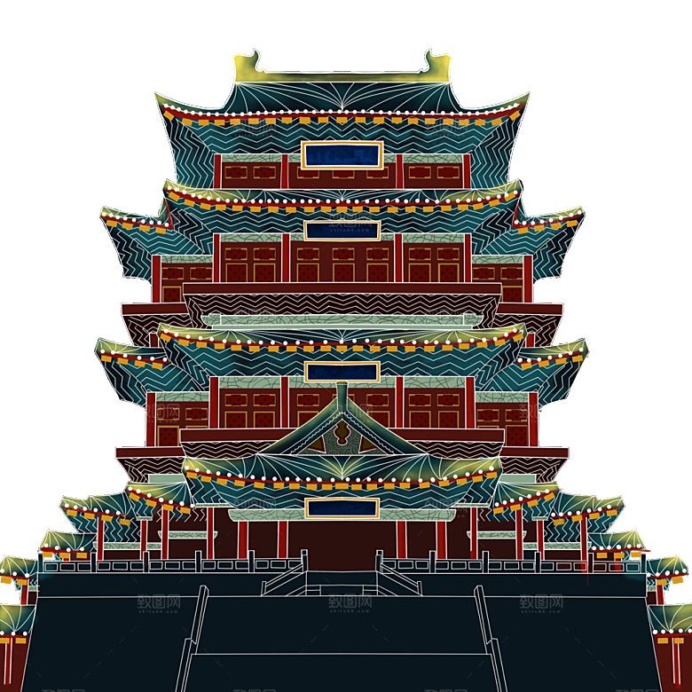 国潮风古建筑古楼古塔鼓楼复古中国风插画