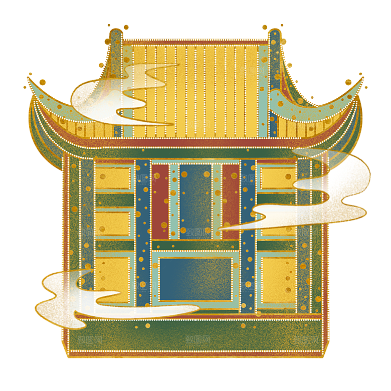 国潮风古建筑古楼古塔鼓楼复古中国风插画