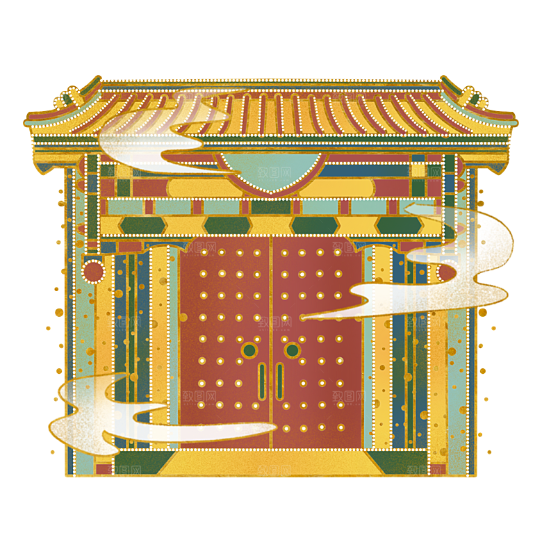 国潮风古建筑古楼古塔鼓楼复古中国风插画