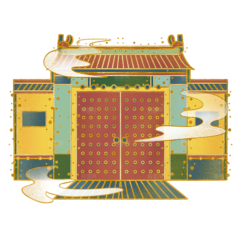 国潮风古建筑古楼古塔鼓楼复古中国风插画
