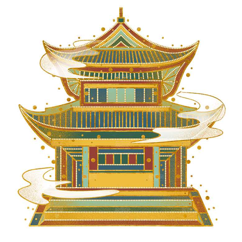 国潮风古建筑古楼古塔鼓楼复古中国风插画