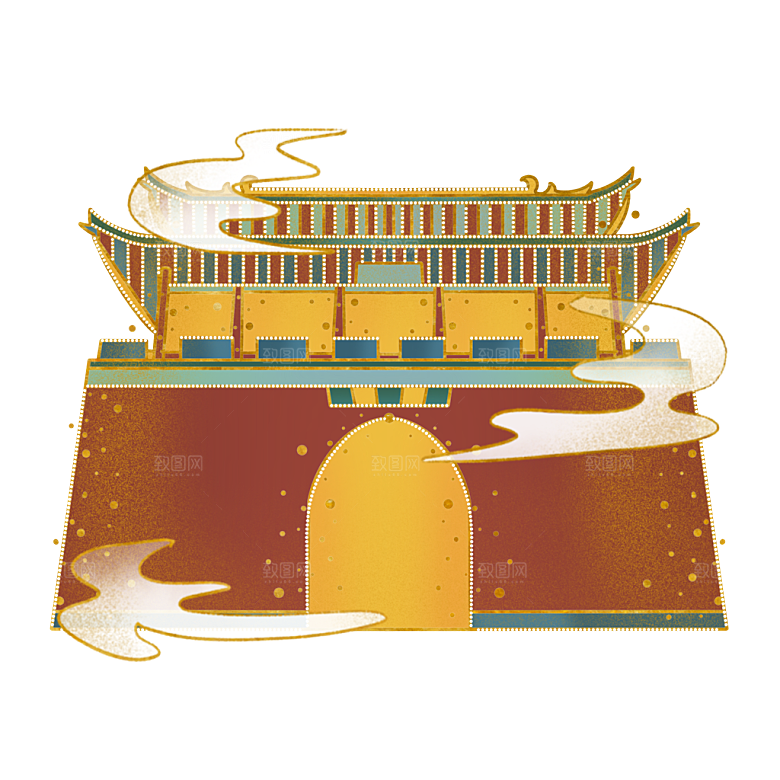 国潮风古建筑古楼古塔鼓楼复古中国风插画