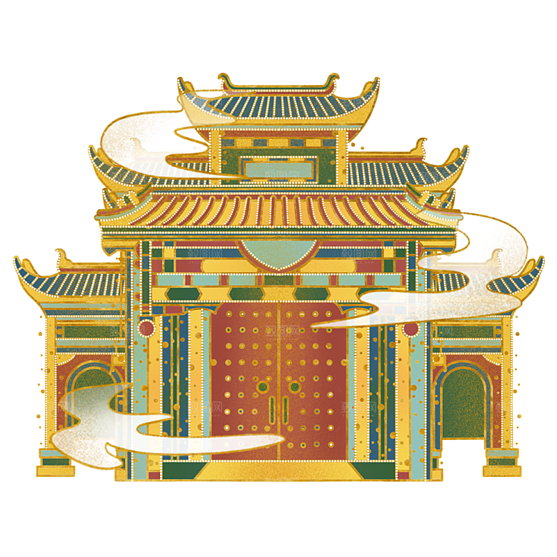 国潮风古建筑古楼古塔鼓楼复古中国风插画