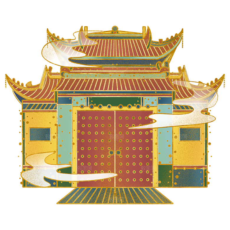 国潮风古建筑古楼古塔鼓楼复古中国风插画