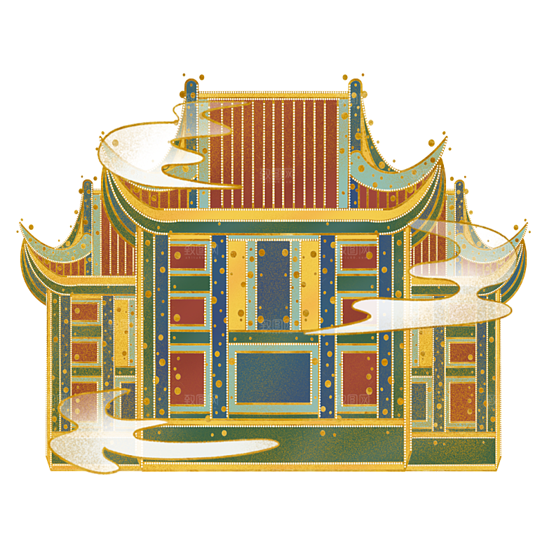 国潮风古建筑古楼古塔鼓楼复古中国风插画
