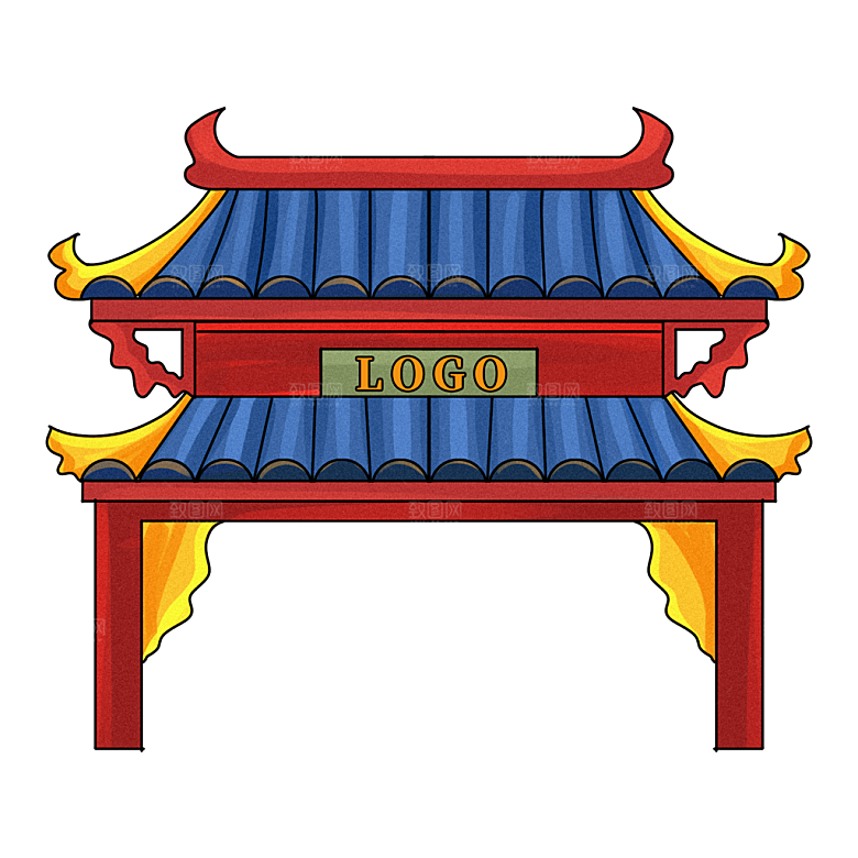 国潮风古建筑古楼古塔鼓楼复古中国风插画