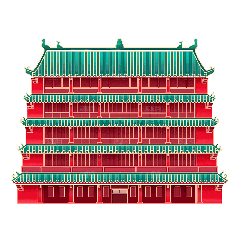 国潮风古建筑古楼古塔鼓楼复古中国风插画
