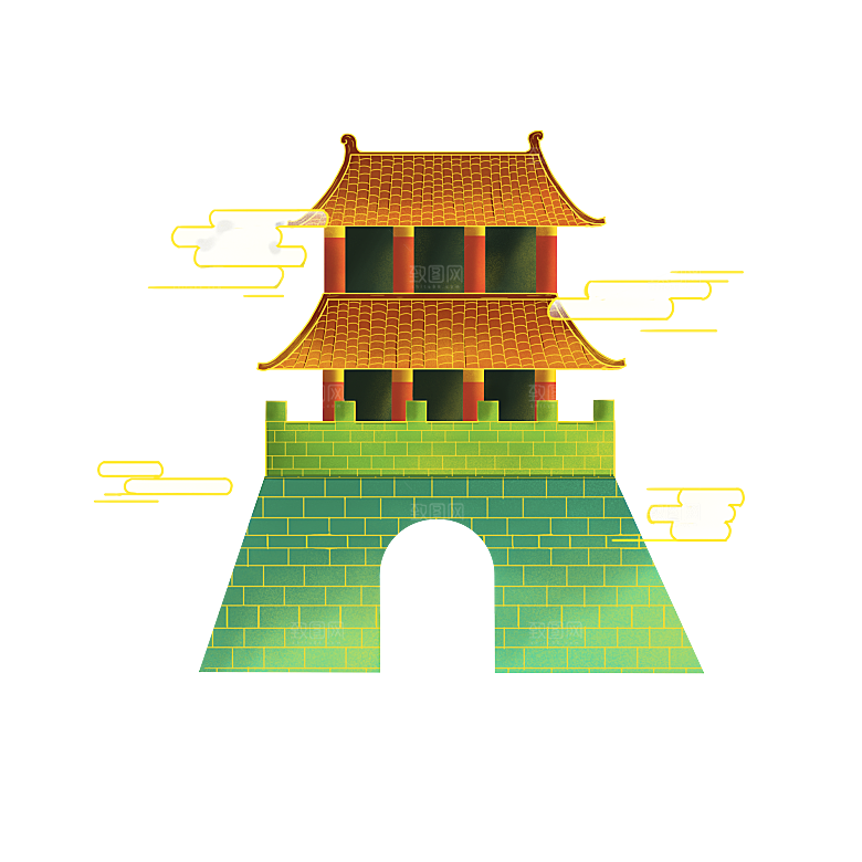国潮风古建筑古楼古塔鼓楼复古中国风插画