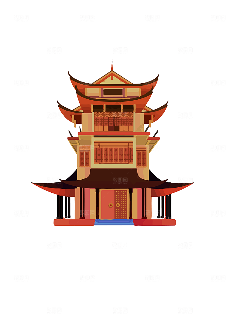 国潮风古建筑古楼古塔鼓楼复古中国风插画