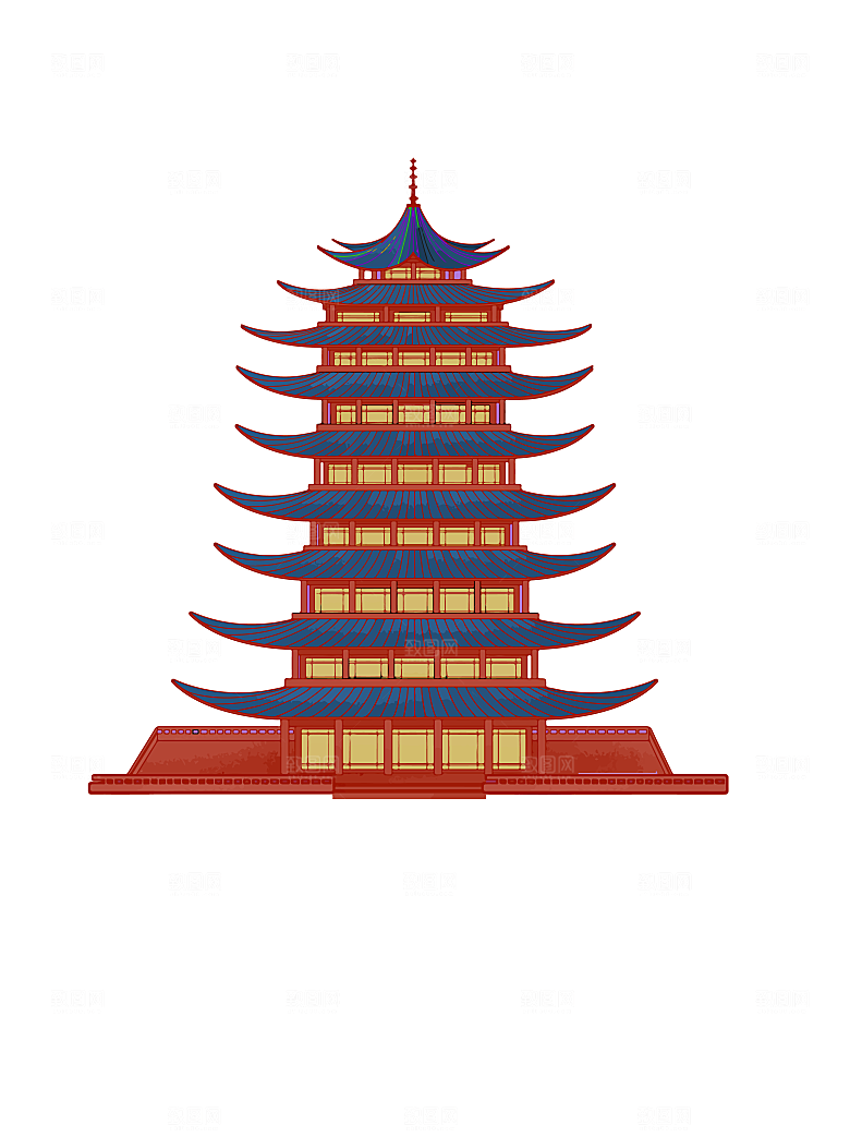 国潮风古建筑古楼古塔鼓楼复古中国风插画