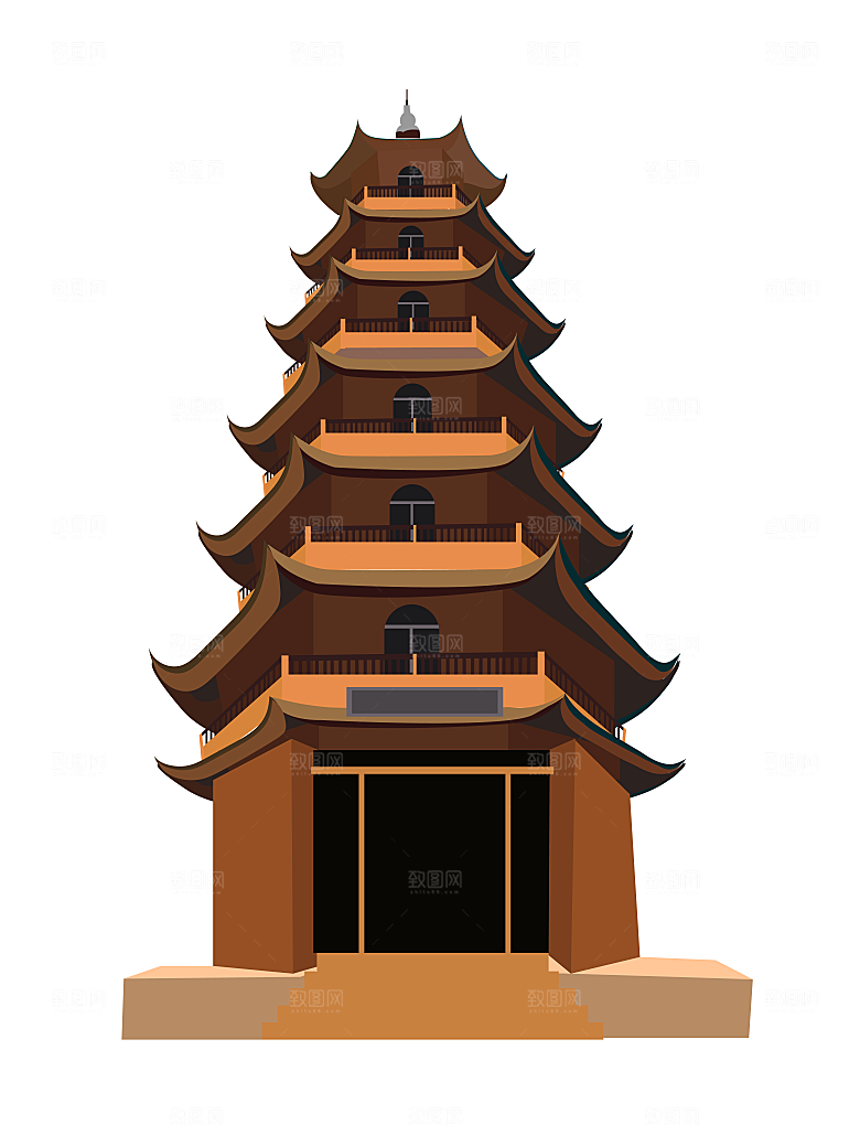 国潮风古建筑古楼古塔鼓楼复古中国风插画