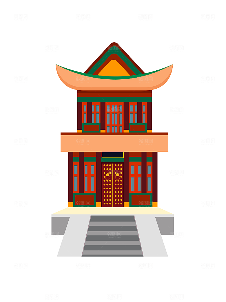 国潮风古建筑古楼古塔鼓楼复古中国风插画