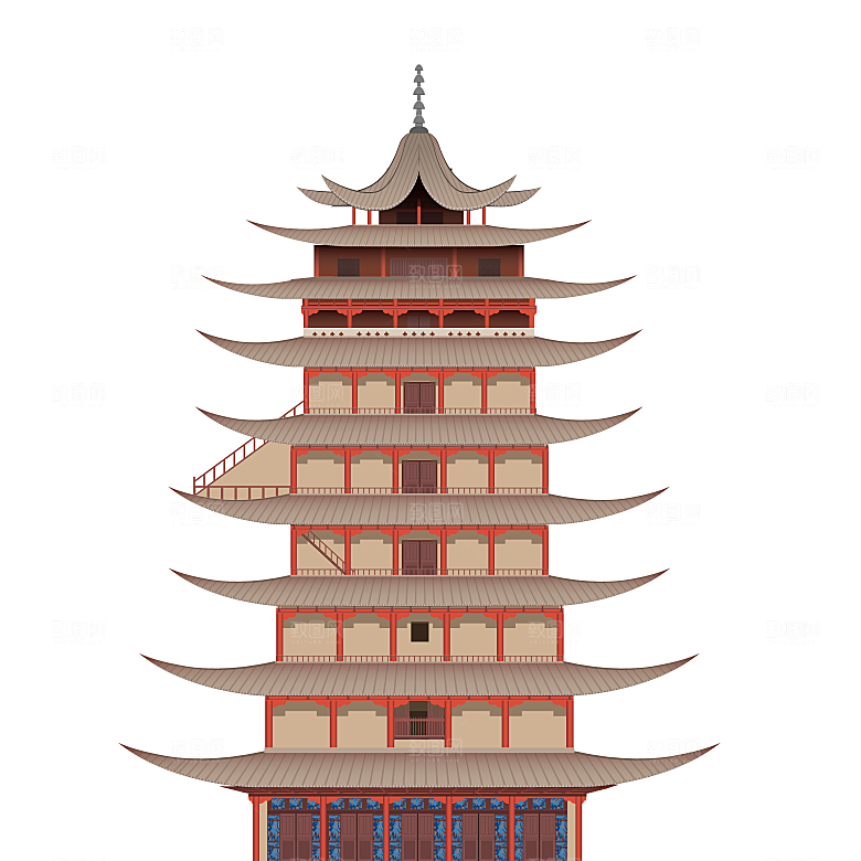 国潮风古建筑古楼古塔鼓楼复古中国风插画