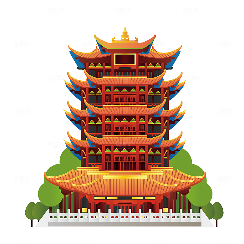 国潮风古建筑古楼古塔鼓楼复古中国风插画